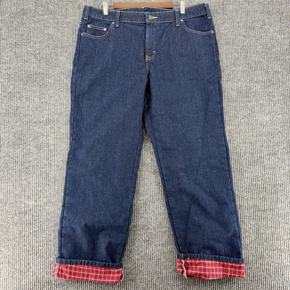 Dickies Flannel Lined Jeans Women 16 Straight Leg Red Plaid Workwear - Picture 1 of 10